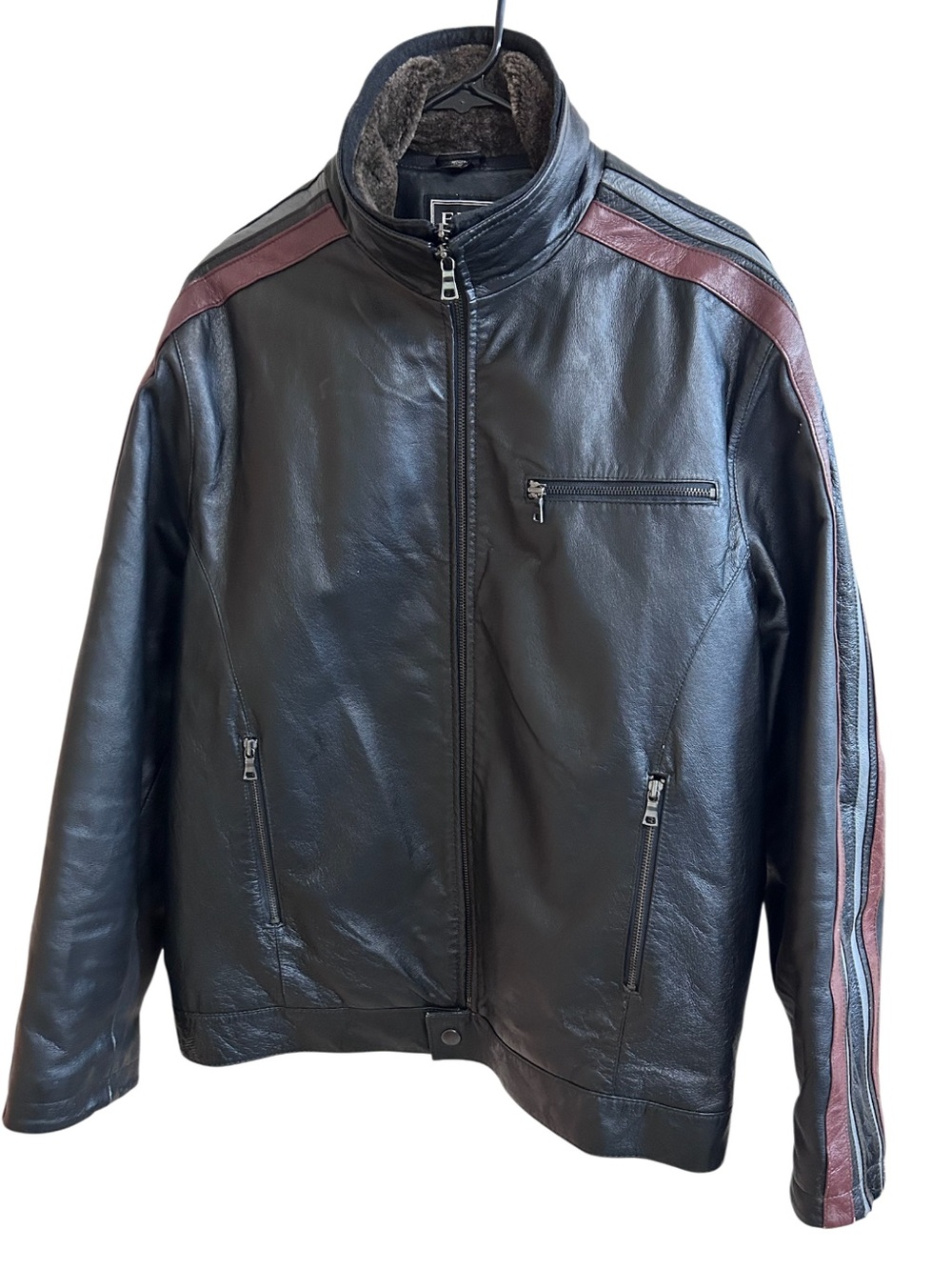 Vtg Y2K EMC Black Leather Cafe Racer Jacket  Racing Stripes Faux Fur Collar M